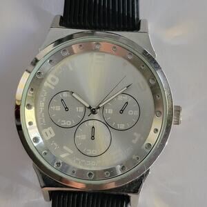 FMD FMDFB110 Mens Watch Silver Case Silver Dial Black Rubber Strap Quartz 44mm